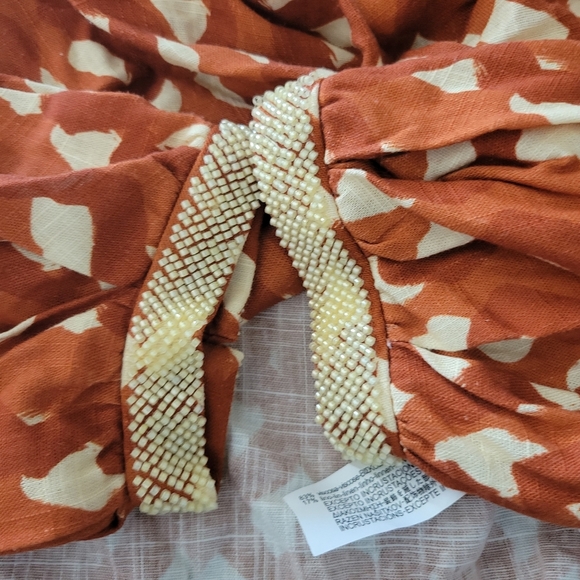 Zara Linen Blend Printed Top in Terracotta With Sequins Beads Sleeves Size S - Picture 15 of 16